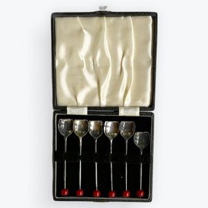 1930s Art Deco Bakelite Cherry Tipped Muddlers English EPNS Boxed Set of 6